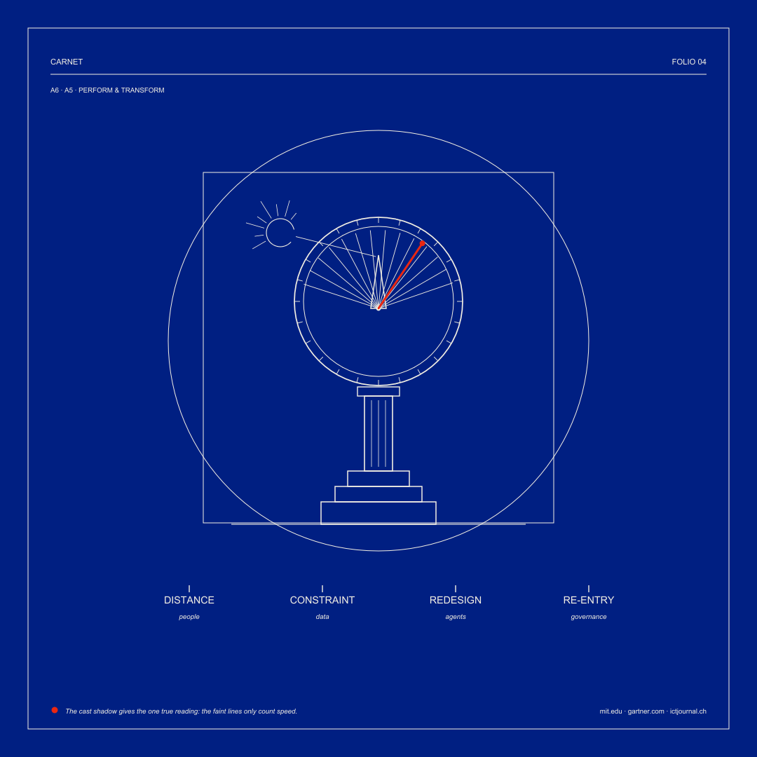 Fine-line engraving of a centered Roman sundial on a columned plinth. A finely drawn summer sun sends a thin ray toward the gnomon. Faint hour lines fan across the dial, and the cast shadow is drawn in red, the single true reading. Folio 04 of the Carnet.