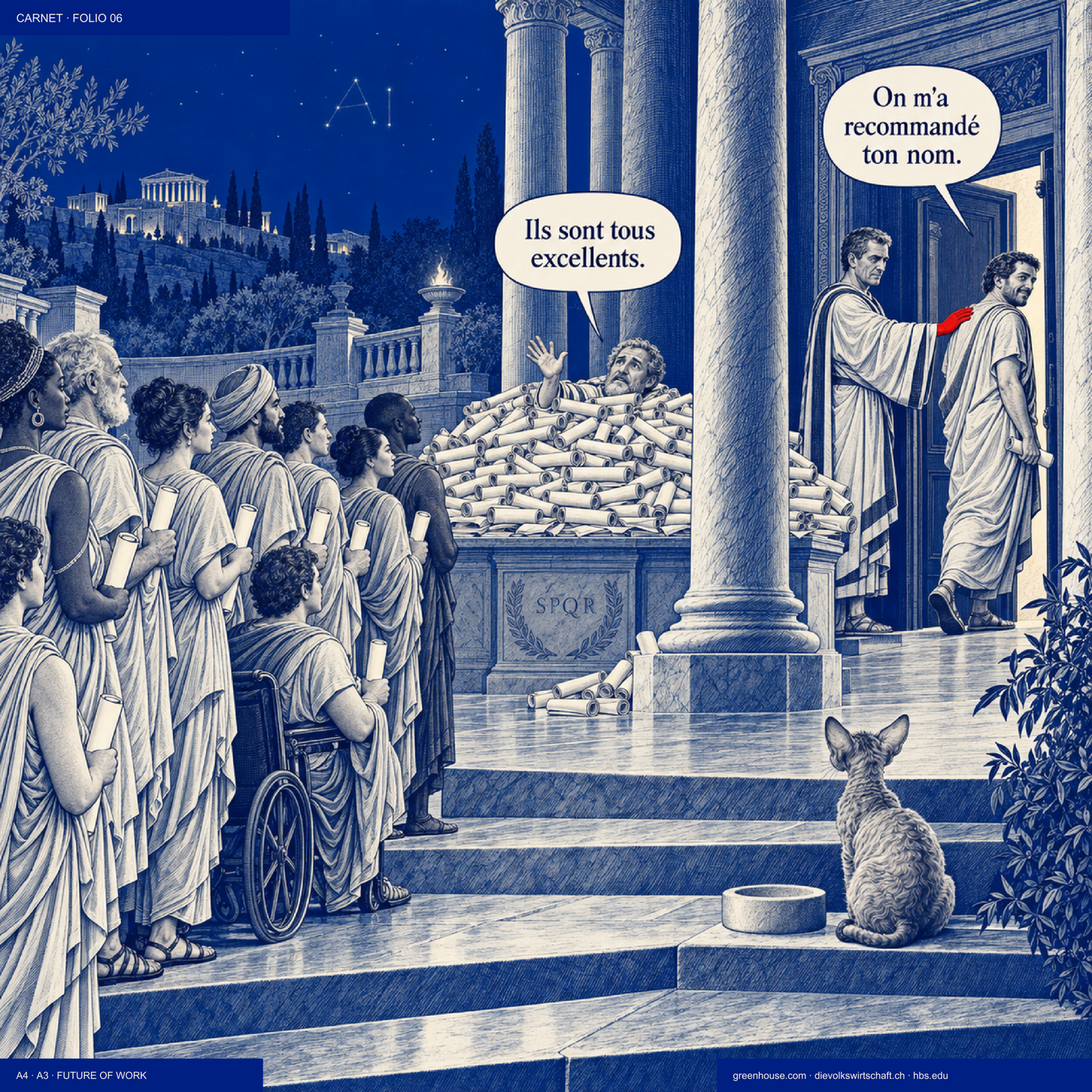 Dessin sur fond bleu : une file de candidats en toge devant un recruteur enseveli sous des parchemins identiques, « Ils sont tous excellents. » Une main rouge fait entrer quelqu'un par une porte dérobée, « On m'a recommandé ton nom. » Folio 06 du CARNET.
